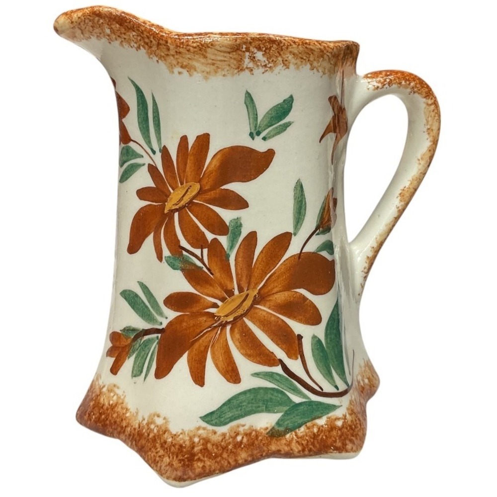 Vintage Cash Family Hand Painted Ceramic Pottery Off White Brown Floral Pitcher